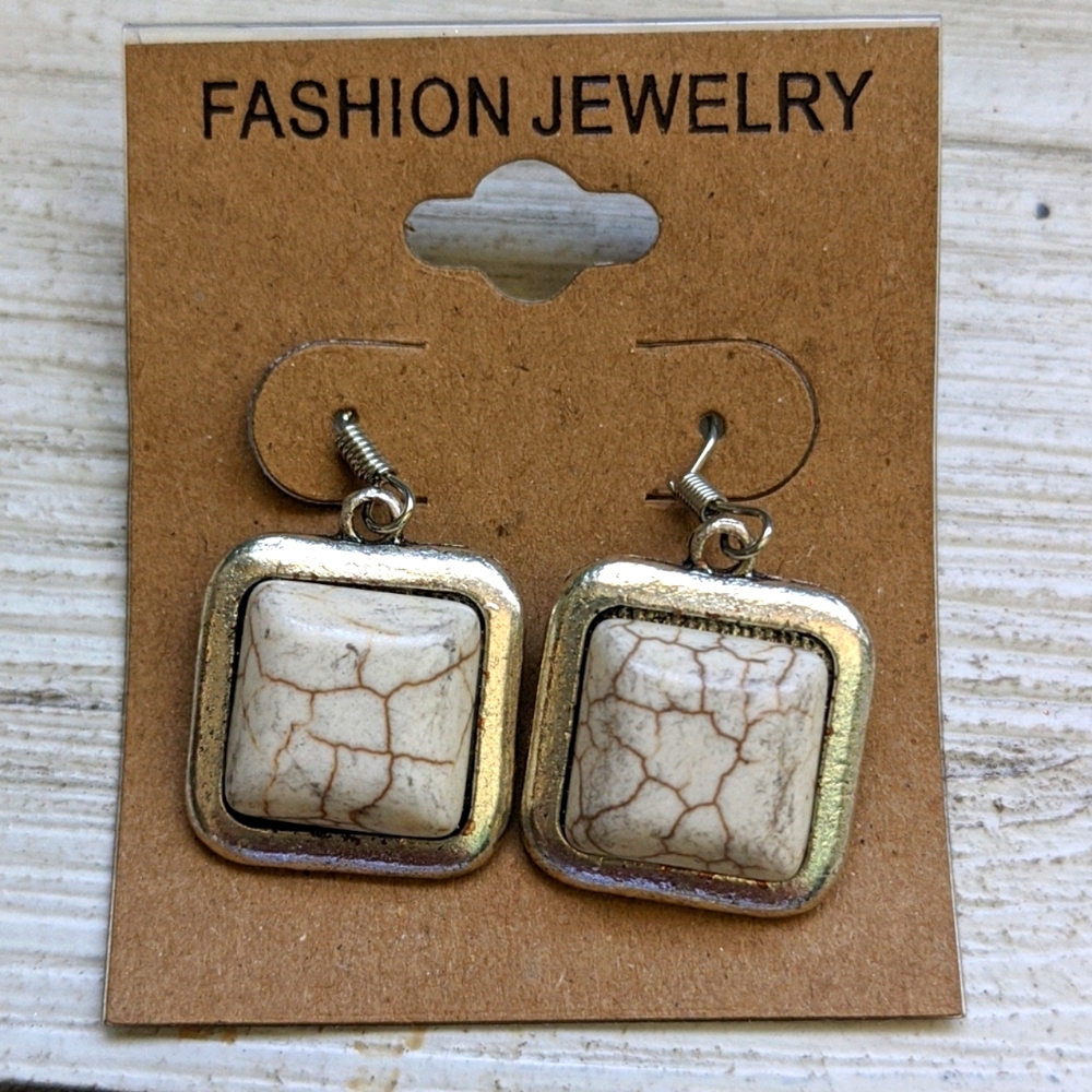 Boho Festival Ivory Antique Square  Stone Earrings